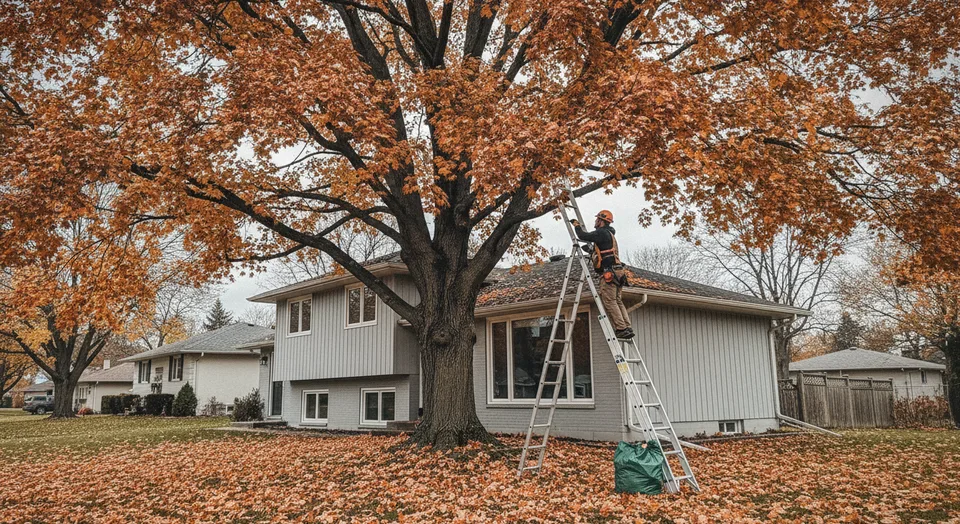 A worker clearing fallen leaves from the eavestrough of a 1960s side-split under a mature maple in Kitchener, Ontario